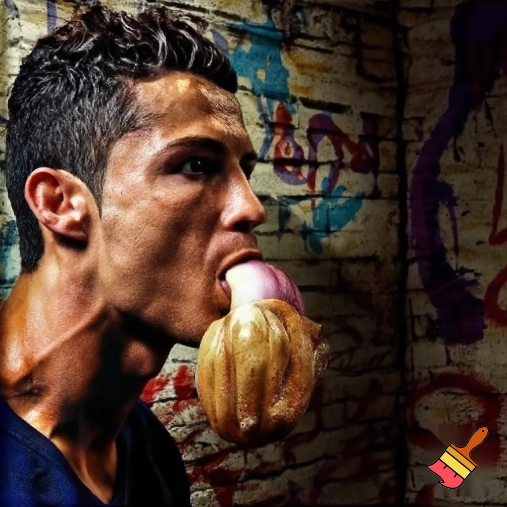 cafe wall with ronaldo eating oinions on it
