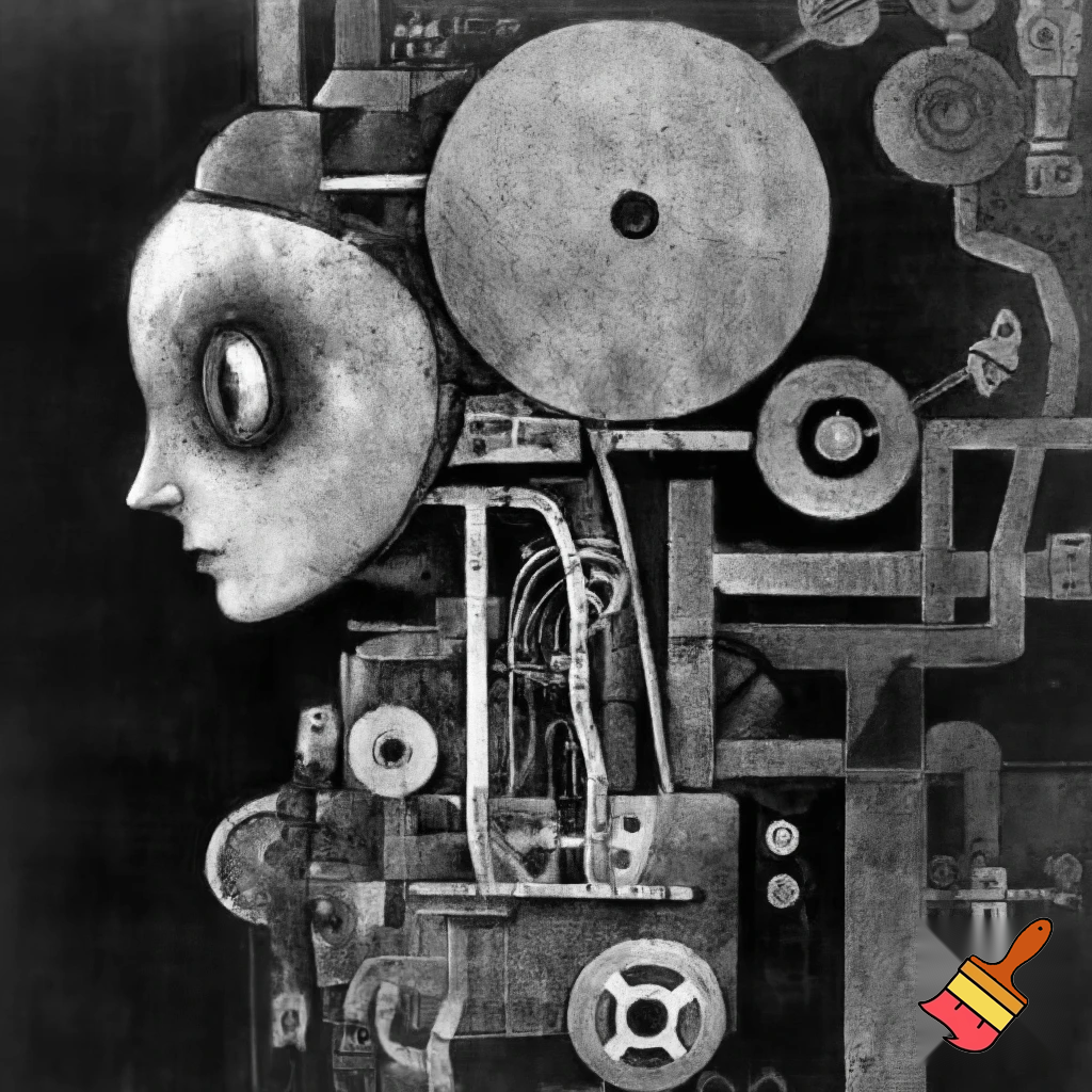 Bio-mechanical girl portrait, noise art. In the style of a 1920's German Expressionism. Black & white.