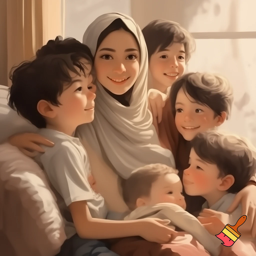 Je veux une famille normale avec une maman fine et voilée avec 3 garçons d'environ 10 ans une petite fille de 8 ans une fille de 4 ans et un bébé ils ont tous les cheveux noirs bruns et je veux pas de salon arabe juste la maman est voilee 