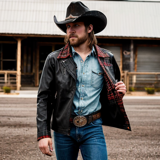 Show me a picture of a country punk cowboy wearing a black cowboy hat a black leather jacket and a red plaid flannel under the leather jacket with ripped blue jeans and a black skull shirt and tan cowboy boots and a tan leather belt and regular eye glasses