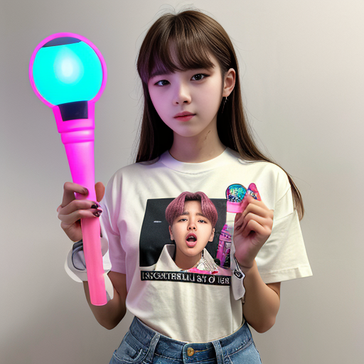 an girl hoding a bts bangtan bomb 
lightstick and has Neni written on her shirt
