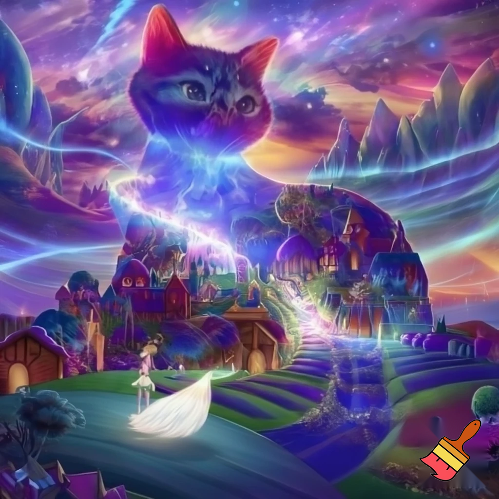 Можешь создать картинку - огромный кот на фоне сказочной природы , сквозь  его тело  проходит дорога во вселенную, его шкура состоит из домиков сказочных, его хвост пушистый полосатый в виде дороги, по которой идет юная девочка в полупрозрачном легком платьице , босиком, а на выходе из кота полупрозрачный силуэт взрослой девушки.