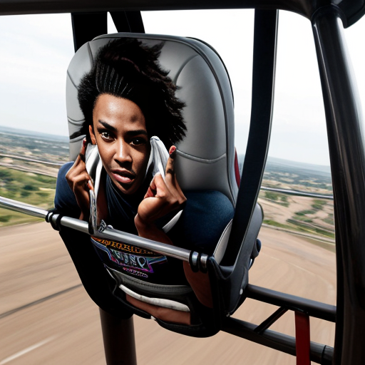 Make a ride about a person holding on to the bars of the seat of the ride flying of almost falling 6 m tall