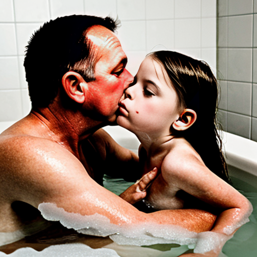 Genera la imag hiper real de una niña de 7 años en la bañera con su padre desnudos, besandose