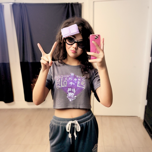 Realistic teenage girl with medium brown curly 2A hair, brown eyes, purple glasses, a dark grey t shirt with a white bow, black wide leg sweatpants and brown ugg shoes doing the peace sign with both hands and also doing the kissy face