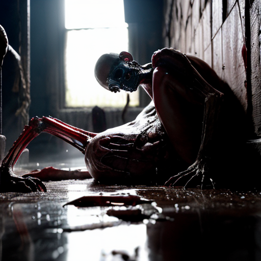 "Ultra-realistic cinematic still from Lucio Fulci's 1980 horror film City of the Living Dead, a horribly decayed and mutilated human corpse lying on a filthy wooden floor in a dark, abandoned building, extreme putrefaction and advanced decomposition, the body is bloated and ruptured with exposed glistening wet viscera, intestines, muscle tissue and sinews spilling out, dark clotted blood and viscous fluids everywhere, slimy translucent maggots and worms crawling over the rotting flesh, skin peeled back in wet strips, one leg partially severed and twisted at an unnatural angle with exposed bone, the corpse is covered in thick shiny slime and dark grime, dramatic low-key horror lighting with harsh shadows, wet reflective surfaces, gritty dirty textures, muddy wooden planks and debris scattered around, extremely detailed gore, photorealistic, hyper-detailed, 35mm film grain, cinematic color grading with desaturated tones and sickly greenish-pink hues, shot on Kodak Vision3, horror movie practical effects style --ar 16:9 --stylize 250 --v 6"