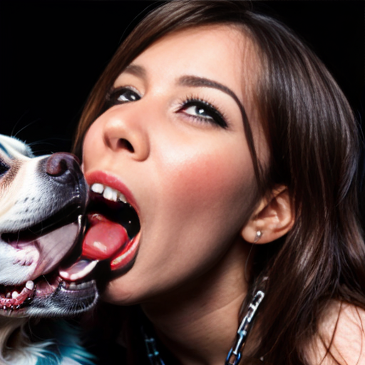Woman who is chained to the ground being licked by a dog that is on top of her drooling. The dogs tongue is going down the woman's mouth
