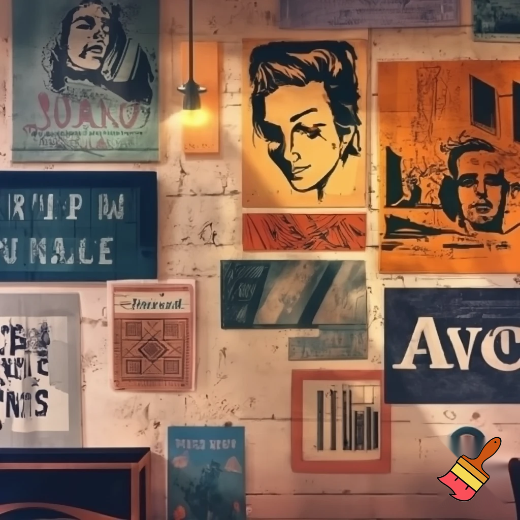 cute cafe wall with posters on it
