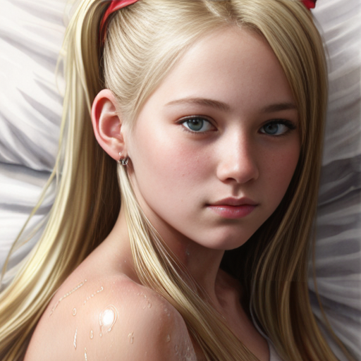 teen girl with blond twin tail hair and red eyes at bed. watercolor painting by artgerm and greg rutkowski and alphonse mucha, middle school, elementary , rain, wet,