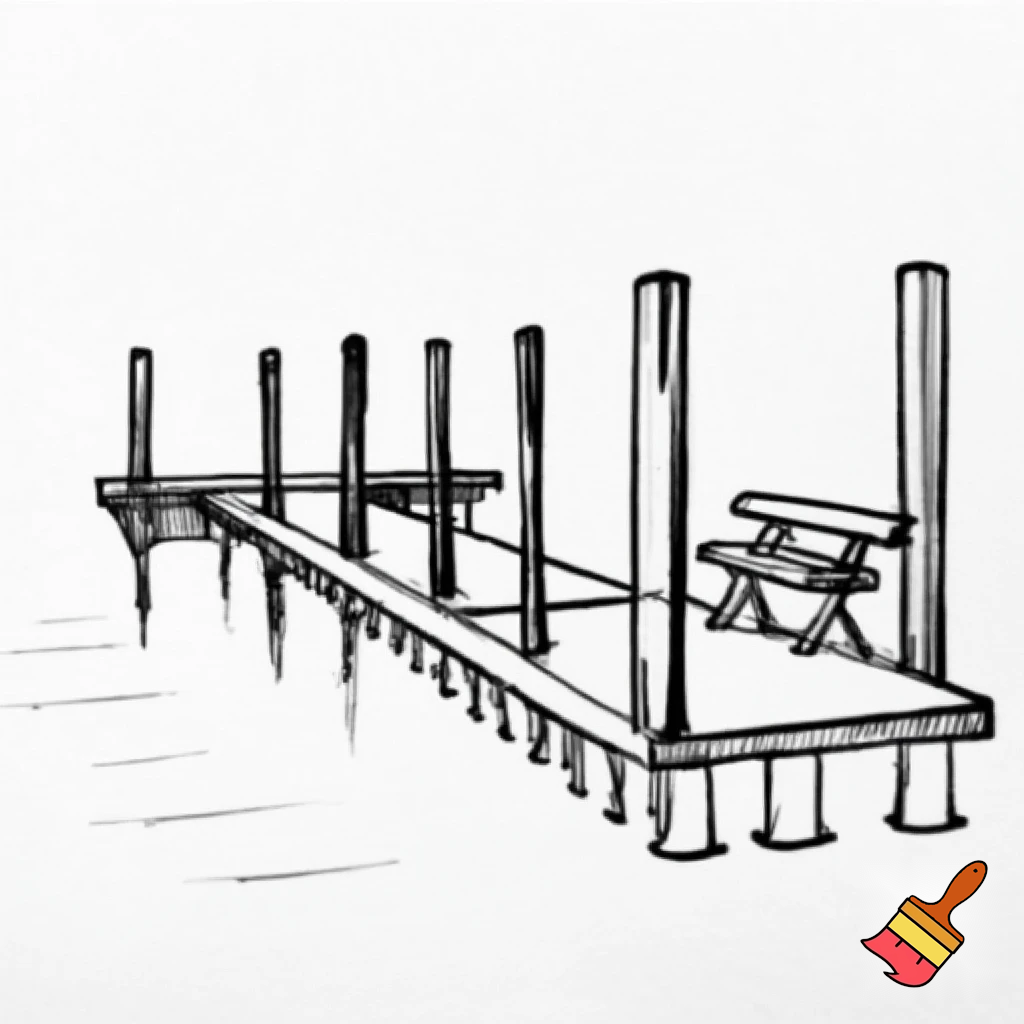 A construction sketch of a dock with 18 pilings and a T shaped end with two benches over a small pond