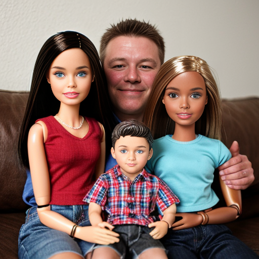 make a family photo of 3 with a 3 year old barbie and a 15 year old ken with there dad let me hug ken