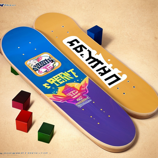 A skateboard deck with “Sprengeler” written on the bottom in calligraphy font. The backdrop shall include Tetris blocks that are being destroyed with atom fragments