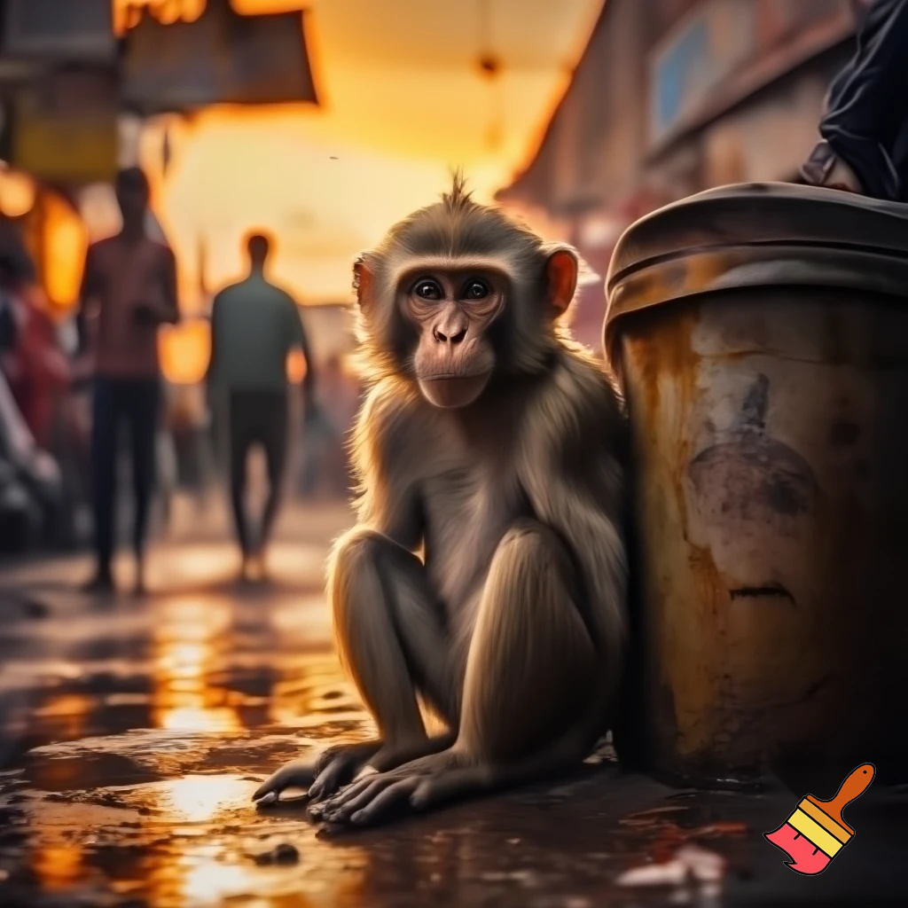 A thin, sad little monkey sitting beside a garbage bin in a small Indian market street at sunset, slightly wet ground after rain, people walking in the background ignoring him, cinematic lighting, emotional atmosphere, realistic art style.