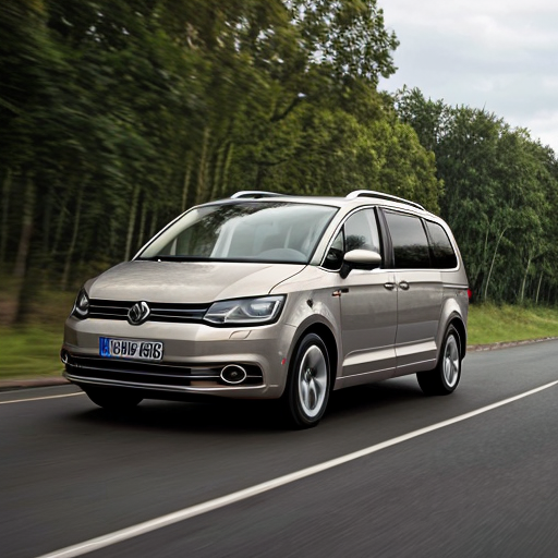 a dinosaur driving a volkswagen sharan
