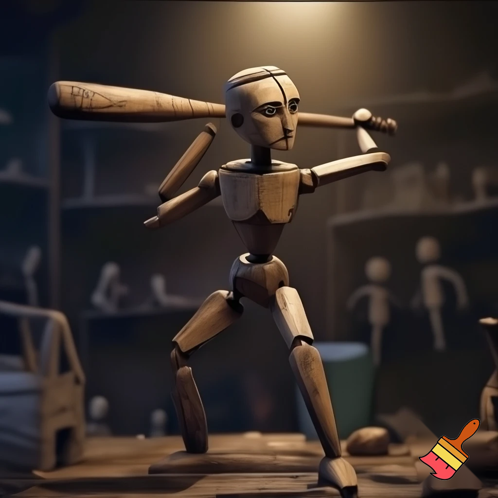 wooden figure with arms and a bat