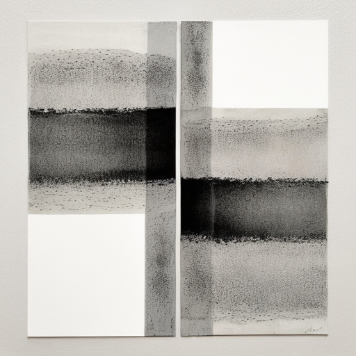 "Abstract diptych art piece titled 'Pas de Deux' in the style of Ursula Voigtmann. Two vertical panels side-by-side with a continuous flow of lines connecting them. Fine etching style, minimalist abstract landscape inspired by Monistrol-d’Allier. Rhythmic, delicate black ink lines on textured off-white handmade paper. Deep artistic intaglio texture, subtle organic shapes suggesting cliffs and motion. Elegant, airy, and sophisticated graphic art."