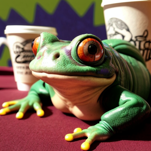 A hillarious, funny boho toad with some hippie colored coffee cups. Psychedelic decorated background, hyperrealistic. Close-up view.