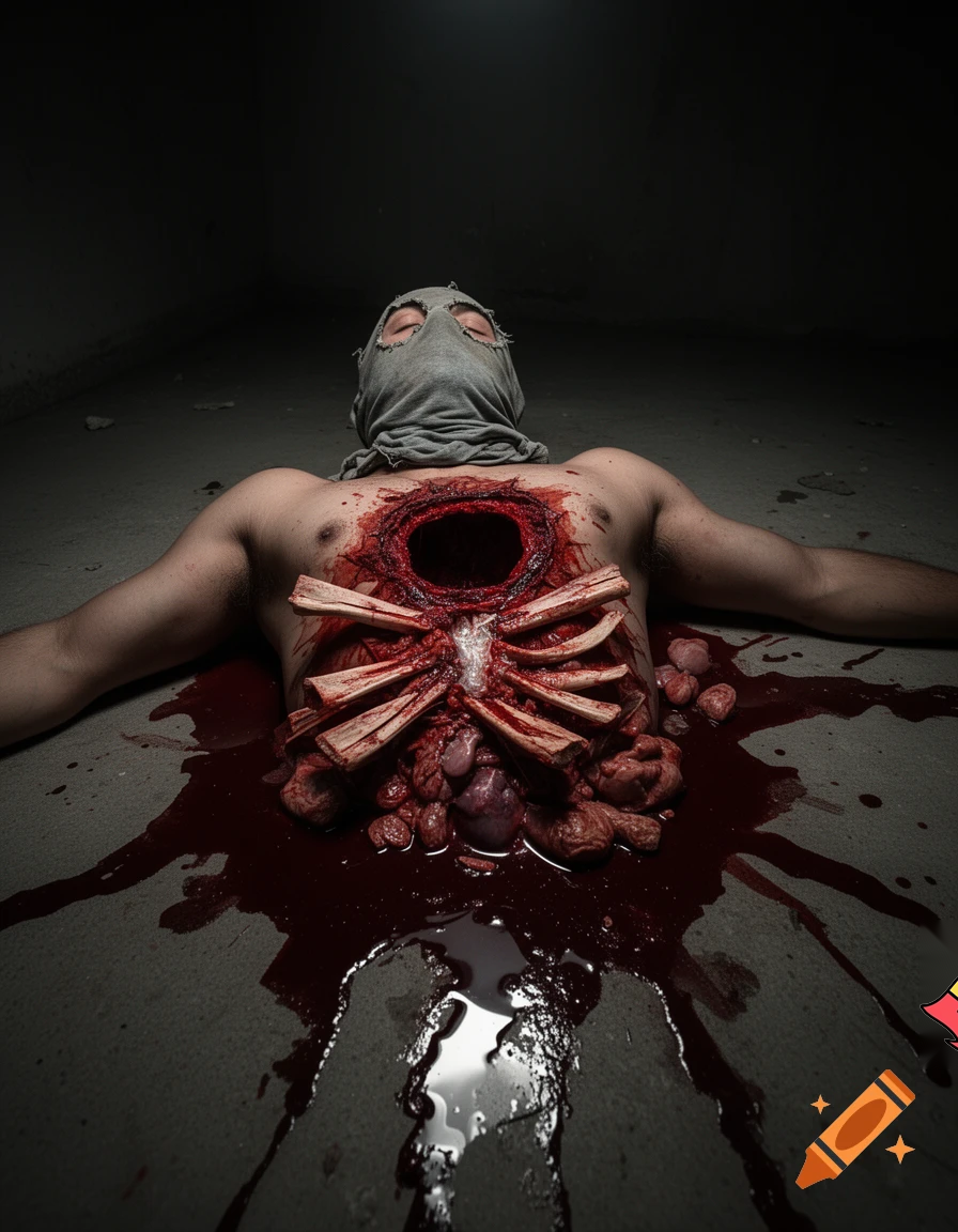 A corpse shirtless man, died, face are hiding by shirt with cut eye part (not eye human), eye closed, chest fully opened wounded circle on center, blood everywhere. Gibs and ribs (from chest bone) everywhere and broke, organs piece by piece.