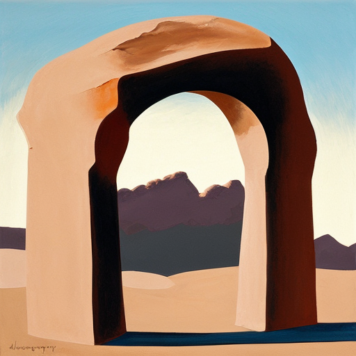 Paint the stones of a desert arch with multiple abstract figures in Tanguy and Matisse style
