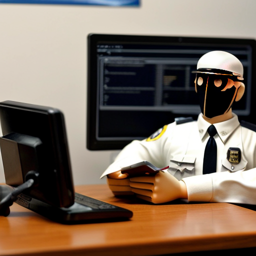 在公安机关办公室，一个穿着白色警察制式衬衫的绘画木偶（面部空白无五官）坐在办公桌后低头看手机。办公桌前站着两个穿着深色常服的绘画木偶（面部空白无五官），一个手持文件，另一个双手自然下垂。镜头角度为从侧前方平拍。图片风格为写真，比例为1:1