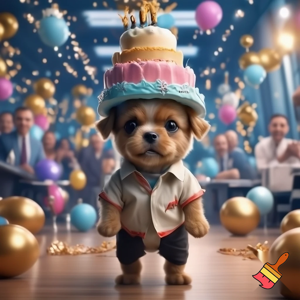 "A tiny, cute, small light-brown baby puppy standing inside a large luxurious modern office filled with many people. The puppy looks very shy. He is wearing a dirty and torn white shirt with red outline and a half-dirty black pant. The office is decorated for a birthday party — balloons, fairy lights, shiny golden décor. The puppy is carrying a huge triple-layer cake on his head, struggling to balance it. Cinematic soft lighting, realistic 3D style, emotional atmosphere, people in the background staring."