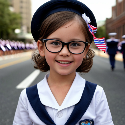 Cute adorable niña Chilindrina glasses con hair lazo curly con verano sailor uniforme escolar con zapatos negros escolar con calcetines blancos con sombrero sailor con grupal con caminar con desfile Estados Unidos América bandera con ciudad 34