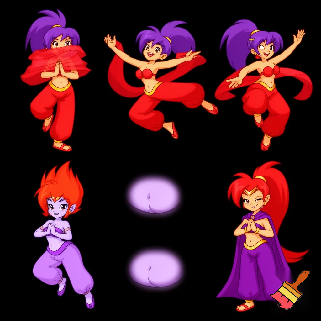 90's disney's 2d aladdin style comic dark black background and panels of 
panel 1 purple haired Ponytail shantae with red harem pants and red bra and red curved slippers with both hand palms place together and hiding the bottom of her mouth with a red veil wrapped around her arms and shoulders. 
panel 2 she danced with red harem pants with red bra and red curved slippers and red veil wrapped around her arms and shoulders and raising legs and bounced up and down her belly and shook her hips left and right. panel 3 as Shantae with red harem pants and red bra and curved red slippers spreading her arms, happily revealing her face to the viewer and giving a smile as she turns around shook her butt left and right. 
Panel 4 as purple haired Ponytail shantae with red harem pants and red bra and red curved slippers started to fading away , except her belly, which is bouncing around. 
Panel 5 then the ball transforms into the fading in belly of red haired Ponytail shantae with light purple skin and purple harem pants and purple bra and purple curved slippers and purple veil wrapped around her arms and shoulders with her swaying her hips. 
Panel 6 red haired Ponytail shantae with light purple skin and purple harem pants and purple bra and purple curved slippers and purple veil wrapped around her arms and shoulders and with her hand palms place together between her chest and she gives a smile and winking her left eye.   