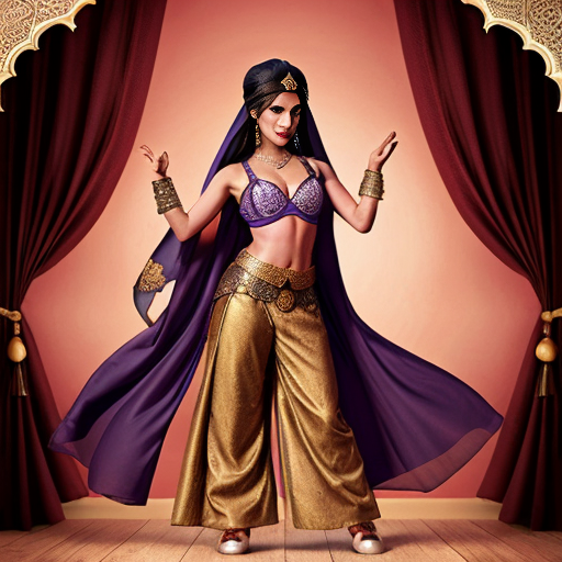 Aladdin 2d style of a Attractive Moroccan woman with dark skin wearing a headpiece, a veil, ornate cuffs, a bejeweled bra, a coin belt, harem pants and curved dance shoes  