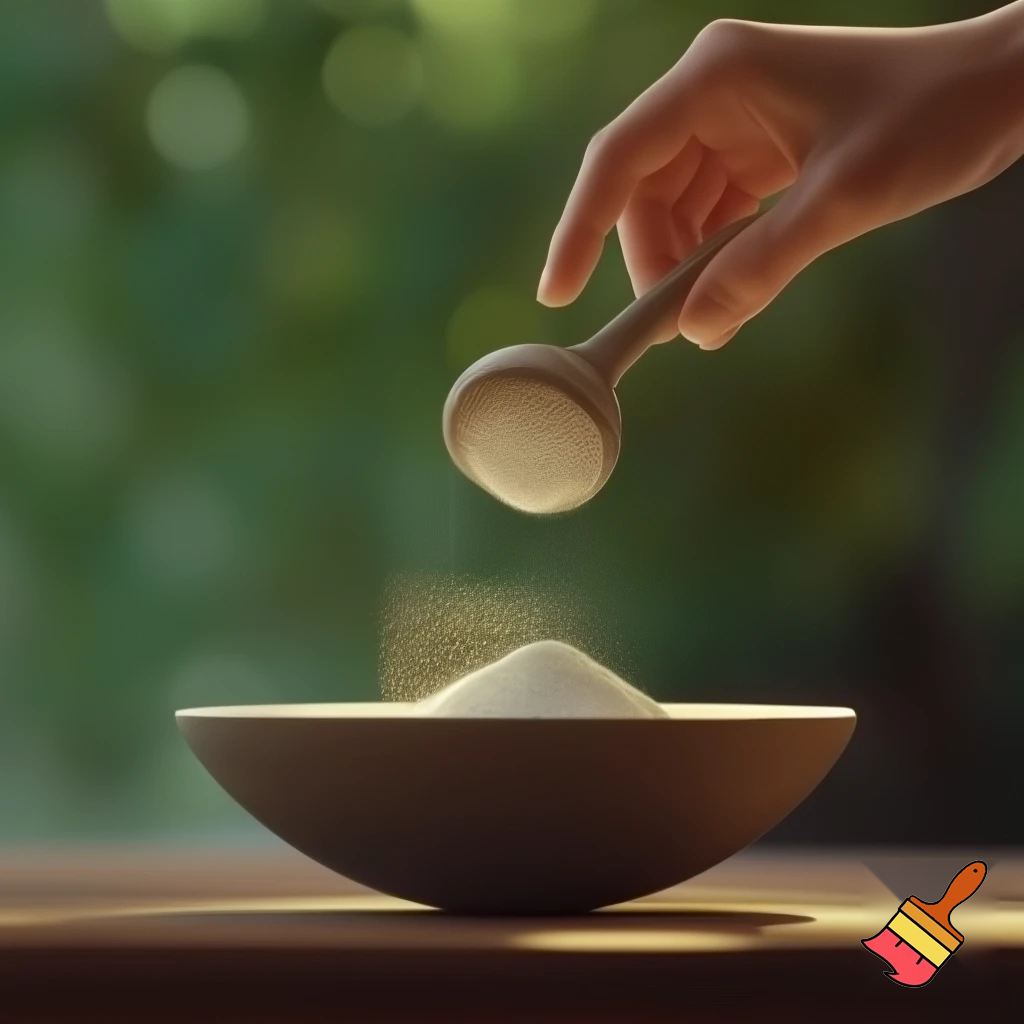 Cinematic close-up of a hand delicately pouring a scoop of colostrum powder from an elegant container. The backdrop features softly blurred greenery, establishing a tranquil ambiance. A gentle overhead light accentuates the powder's texture, emphasizing its purity. The camera gradually zooms in, capturing the intricate details of the powder as it flows into a bowl, evoking a sense of health and vitality. Soft ambient music enhances the serene mood.