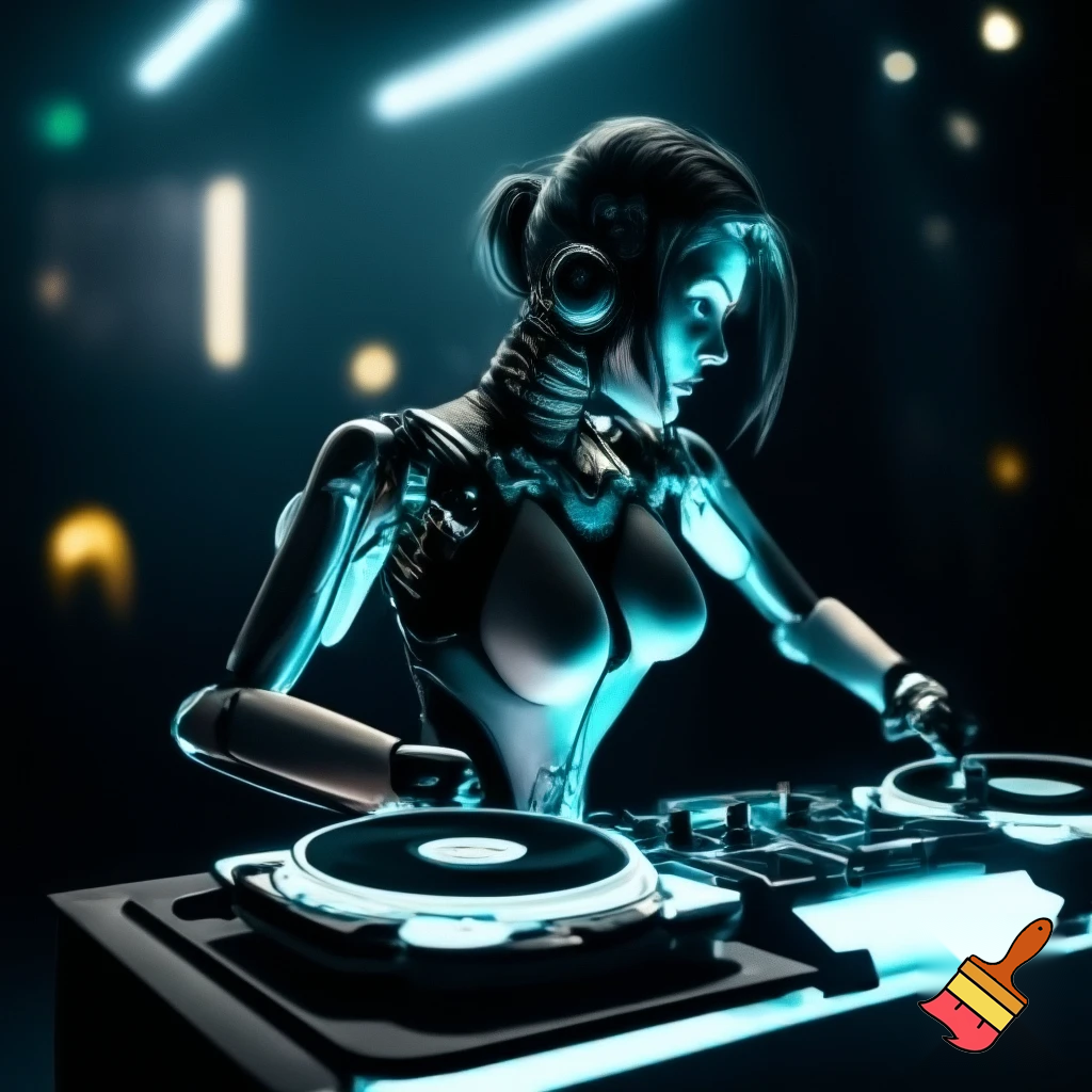 Create an image of a woman playing techno music in robot style.