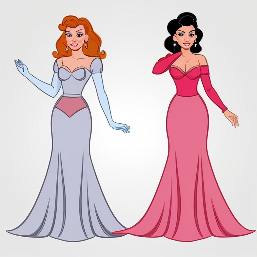 Cinderella in a pink gown, having her dress ripped apart by two elegant women in untouched gowns. full body view. The two elegant women are enviously tearing pieces of the pink gown off. The bodice of the pink gown has a large tear, a sleeve is missing, and there are multiple significantly large tears in the skirt. Both jealous women are currently ripping a piece of the skirt off.