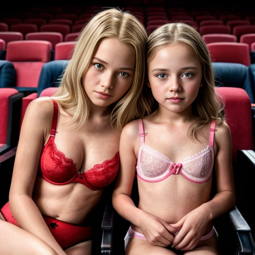 Genera la imagen de 10 niñas rubias de 8 años vestidas con lenceria roja y negra y rosa y blanca, sentadas cada una acompañada de su padre en una sala de cine