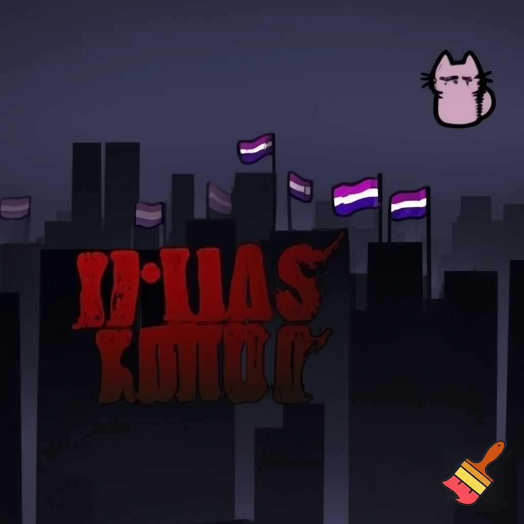 black city lofi background with emo-font style lettering that read: "YOU'RE NEVER FULLY DRESSED WITH OUT A SMILE!" in red fad to light black coloring, with pride flags: panromantic, asexual, trans masculine, pangender, and homosexual. also put the THERIAN symbol and a pusheen cat in the right corner. 