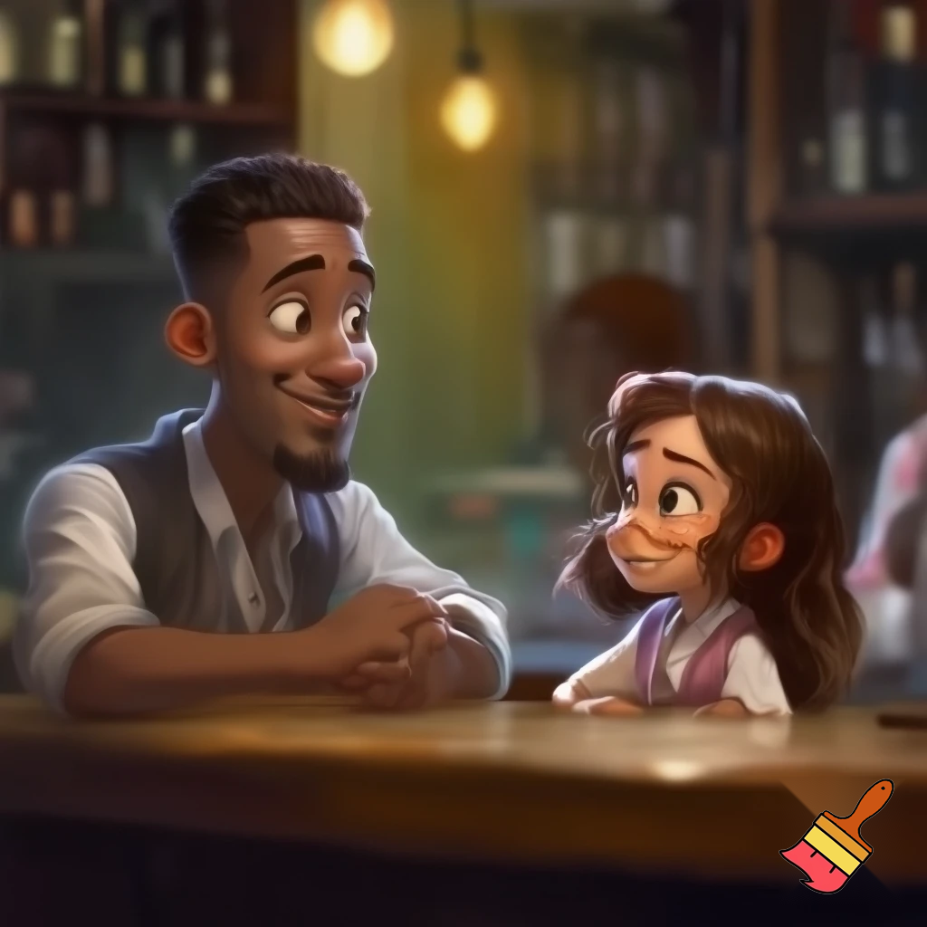 Create a realistic cartoon of black man with a Spanish girl dating at a bar