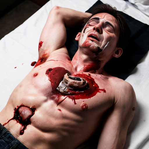 A corpse shirtless man, died, face are hiding by shirt with cut eye part (not eye human), eye closed, chest fully opened wounded circle on center, blood everywhere. Gibs and ribs (from chest bone) everywhere and broke, organs piece by piece.