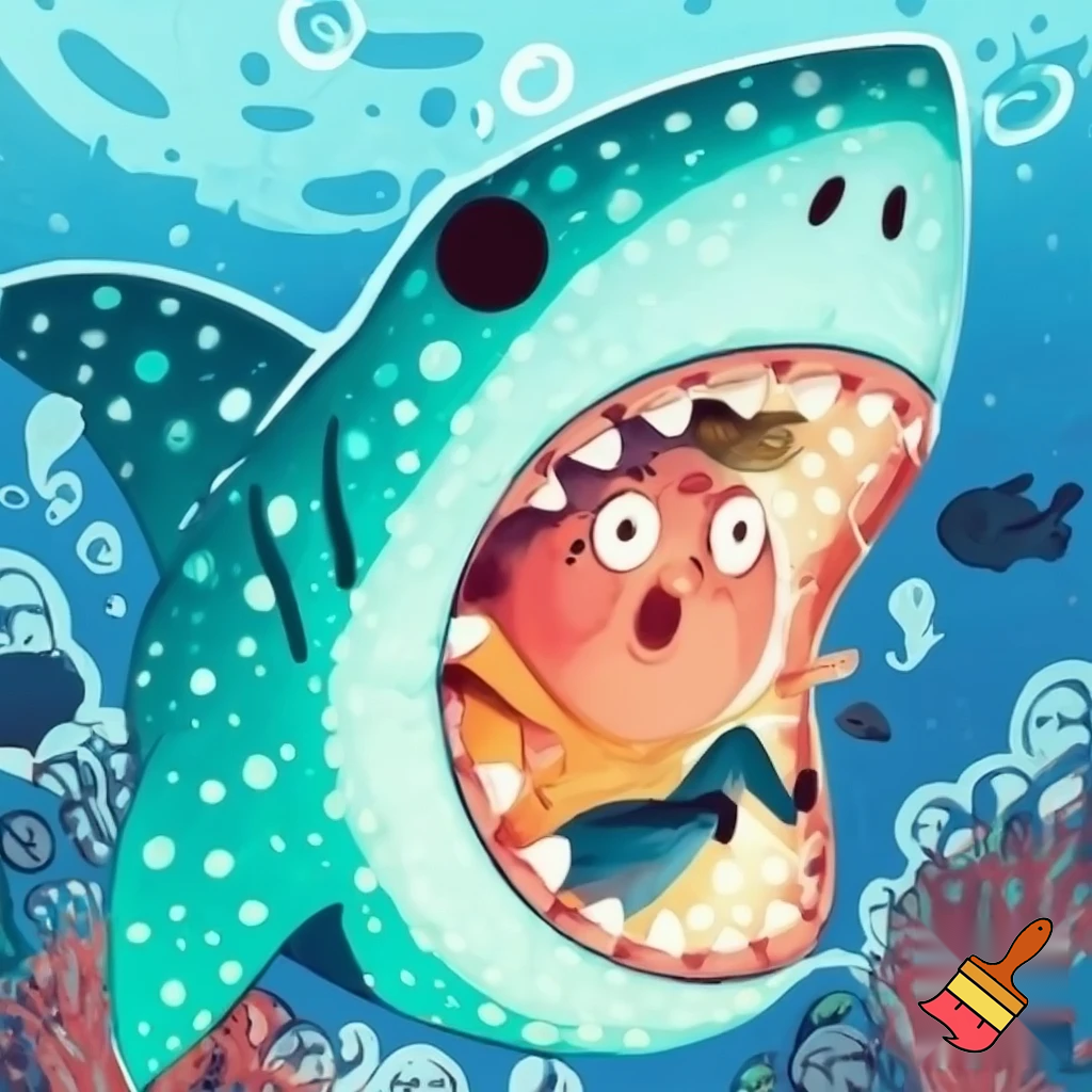 Animated gif of a man being swallowed whole by a shark. Cartoon, very cute.