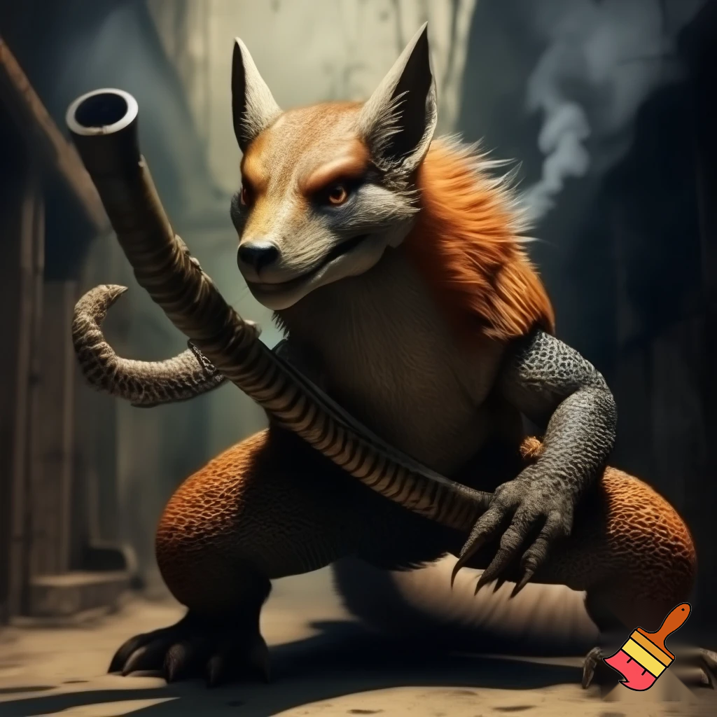 Half komodo Dragon half fox swinging a lead pipe