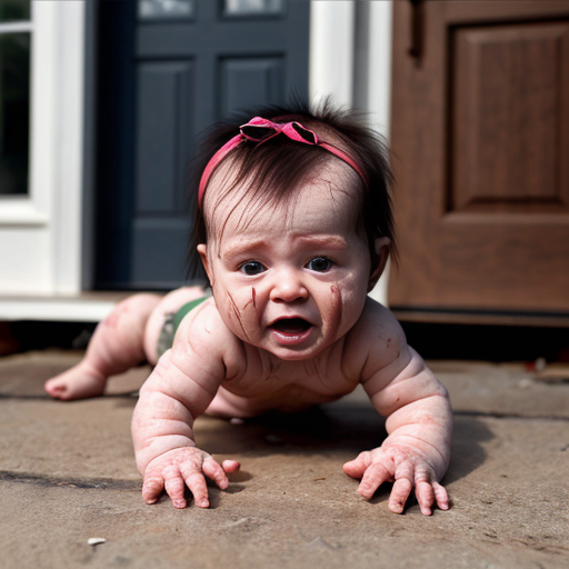 Baby crawler MUTANT DEFORMED grotesque EXPIREMENT UGLY GROSS DISGUSTING OUTSIDE SURROUNDING A HOUSE