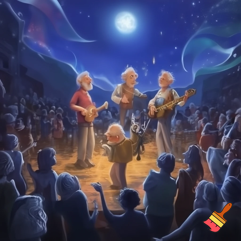 Dancing crowd in moonlight  a five member 
MALe elderly band playing music on stage.
Magical night
