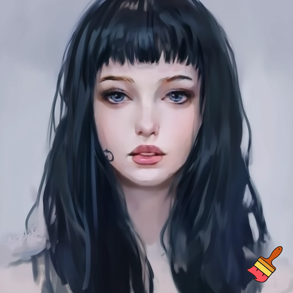 Female lead manhwa long black straight hair , ocean blue eyes, white skin ,red lips no lighting and no make up