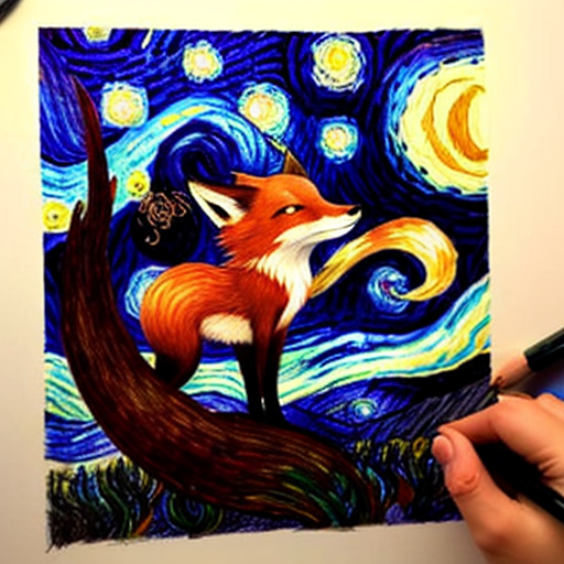 Can you draw me a starry night with a phoenix and fox?