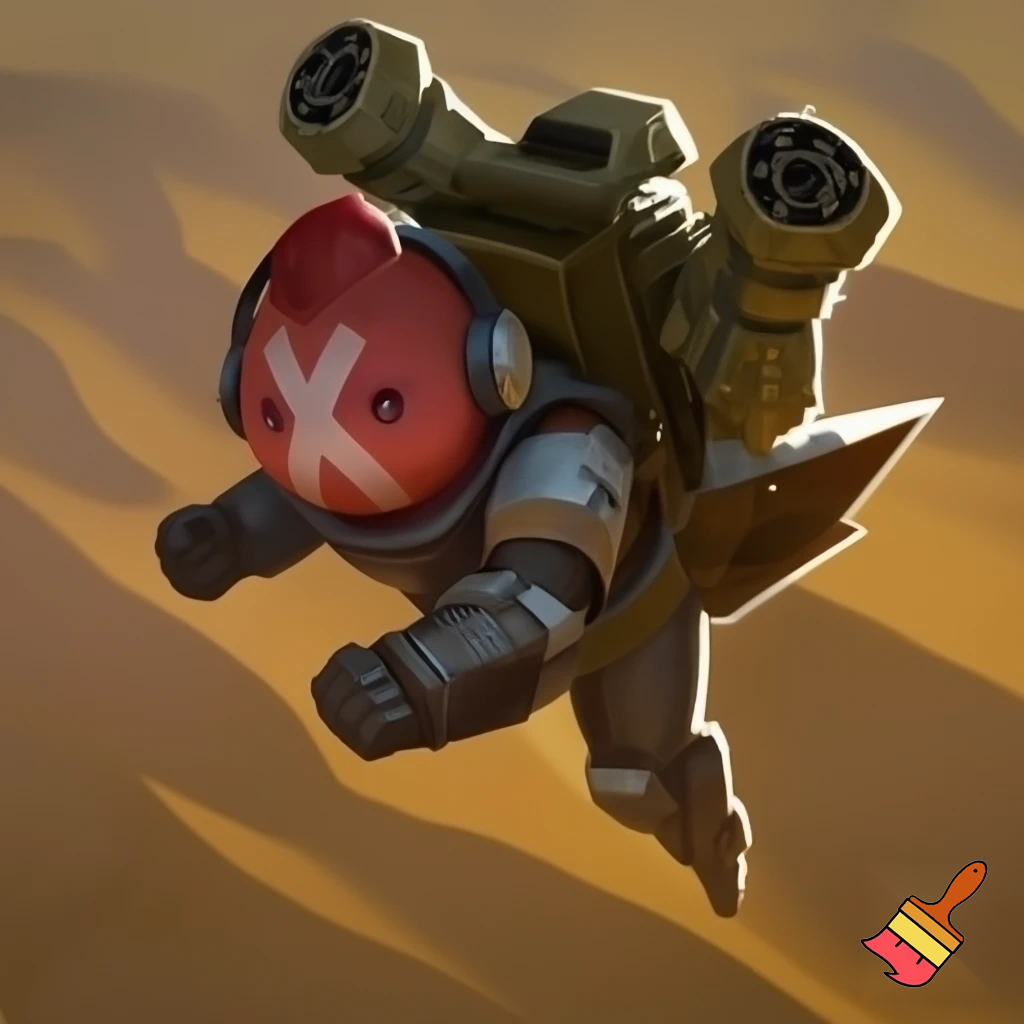 Character with light red skin and round head marked with an X on his face wearing headphones the character has armored pieces on the arms and legs two RPGs mounted on the shoulders and a backpack the character is depicted flying in a cool pose in desert
