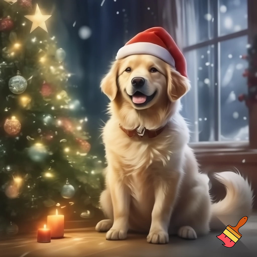 een witte golden retriever met een rode kerstmuts en een kerstboom