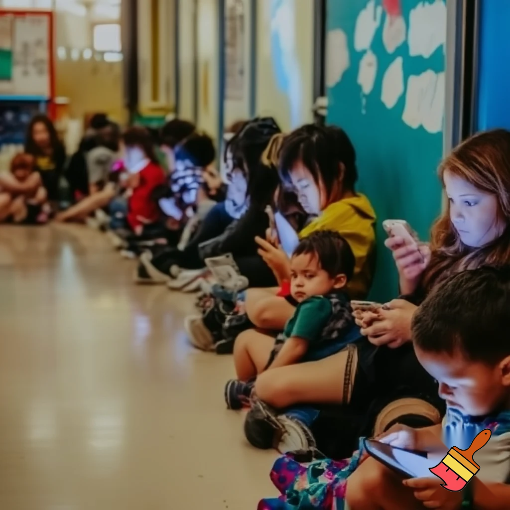 Many kids (teenagers and toddlers) looking at their phones at school