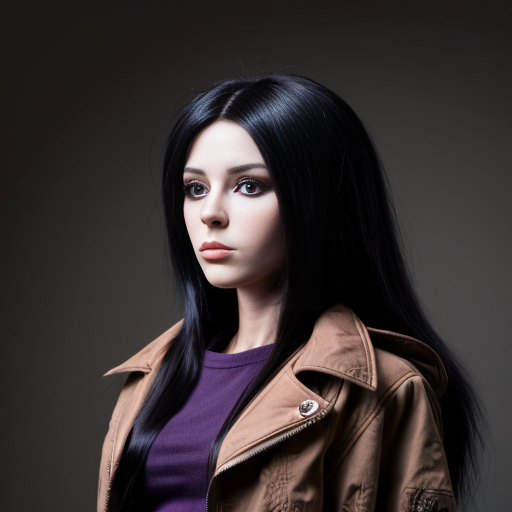 Anthropomorphic humanoid female black wolf with long pretty black hair and purple eyes, wearing a brown jacket 