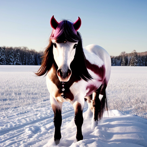 pink unicorn in a snowy field, photorealistic