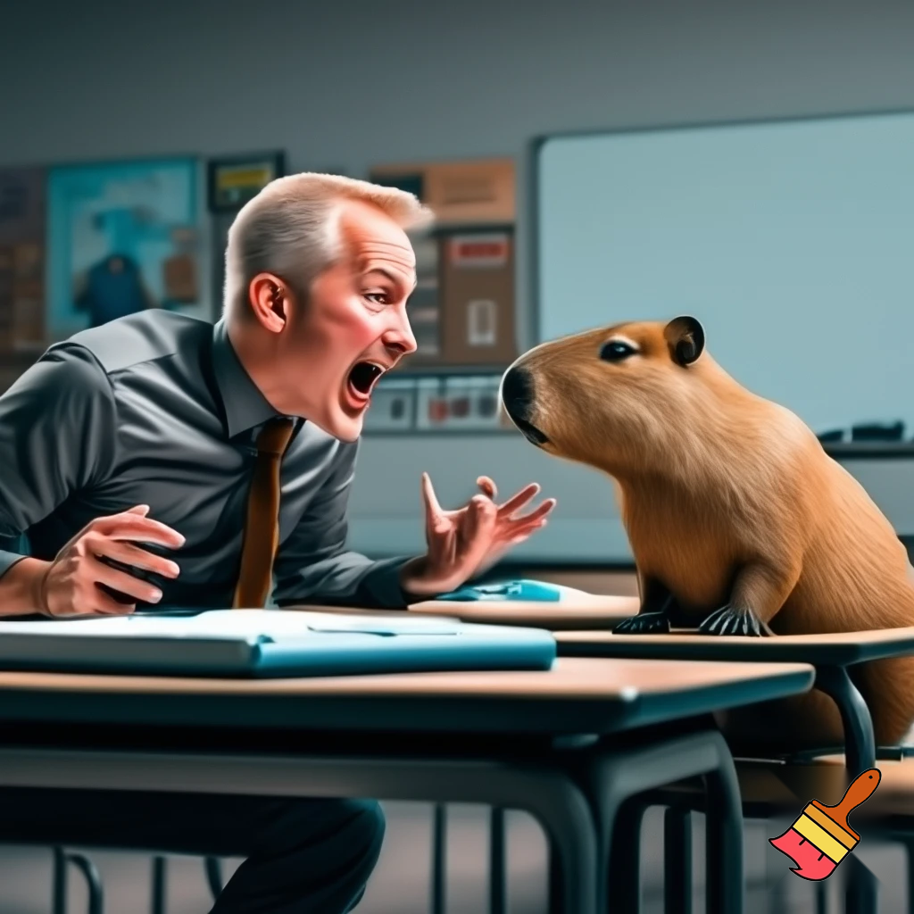 a teacher is yelling a capy bara