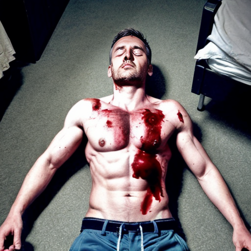 shirtless random man (neighbor, not everyone has 6 pack.), face are hiding by shirt, died already, chest are open wounded circle, blood everywhere, eye closed, floor (on random place like empty place) on corpse body.