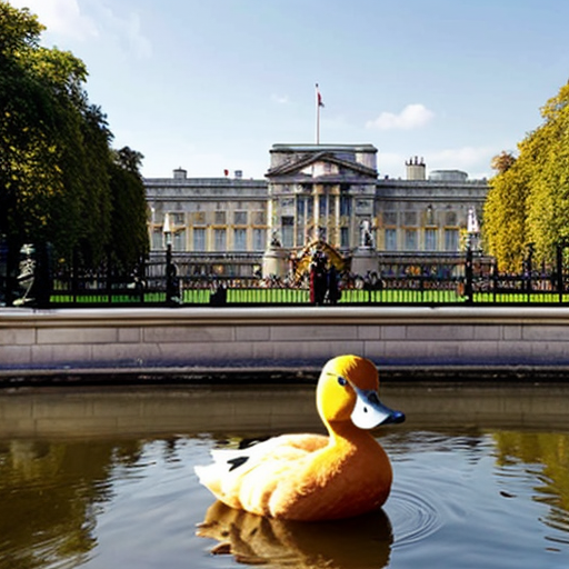 "Duckingham pallace" : buckingham palace with a duck theme, the pallace itself is yellow and rubbery, cartoon-like.