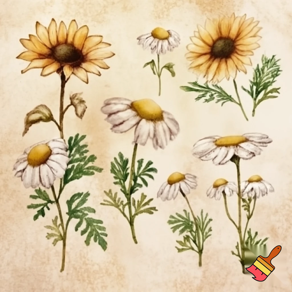 A watercolor botanical illustration on textured paper, featuring sunflowers and matricaria chamomilla (chamomile) flowers arranged in various natural positions. Each flower is delicately hand-painted with soft, muted colors and detailed leaves, inspired by vintage botanical studies. The artwork should have a harmonious composition, with warm earthy tones, subtle shadows, and a gentle, natural feel, matching the style of traditional watercolor plant illustrations.